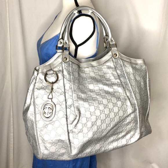 Authentic Gucci Sukey silver leather large shoulder bag Hobo